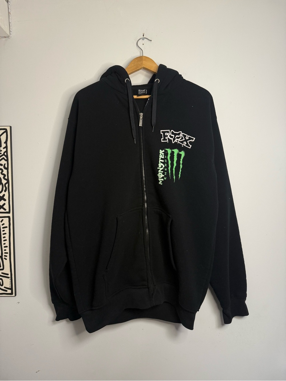 Y2K Fox Black Full-Zip Hoodie with Green Monster Logo XL